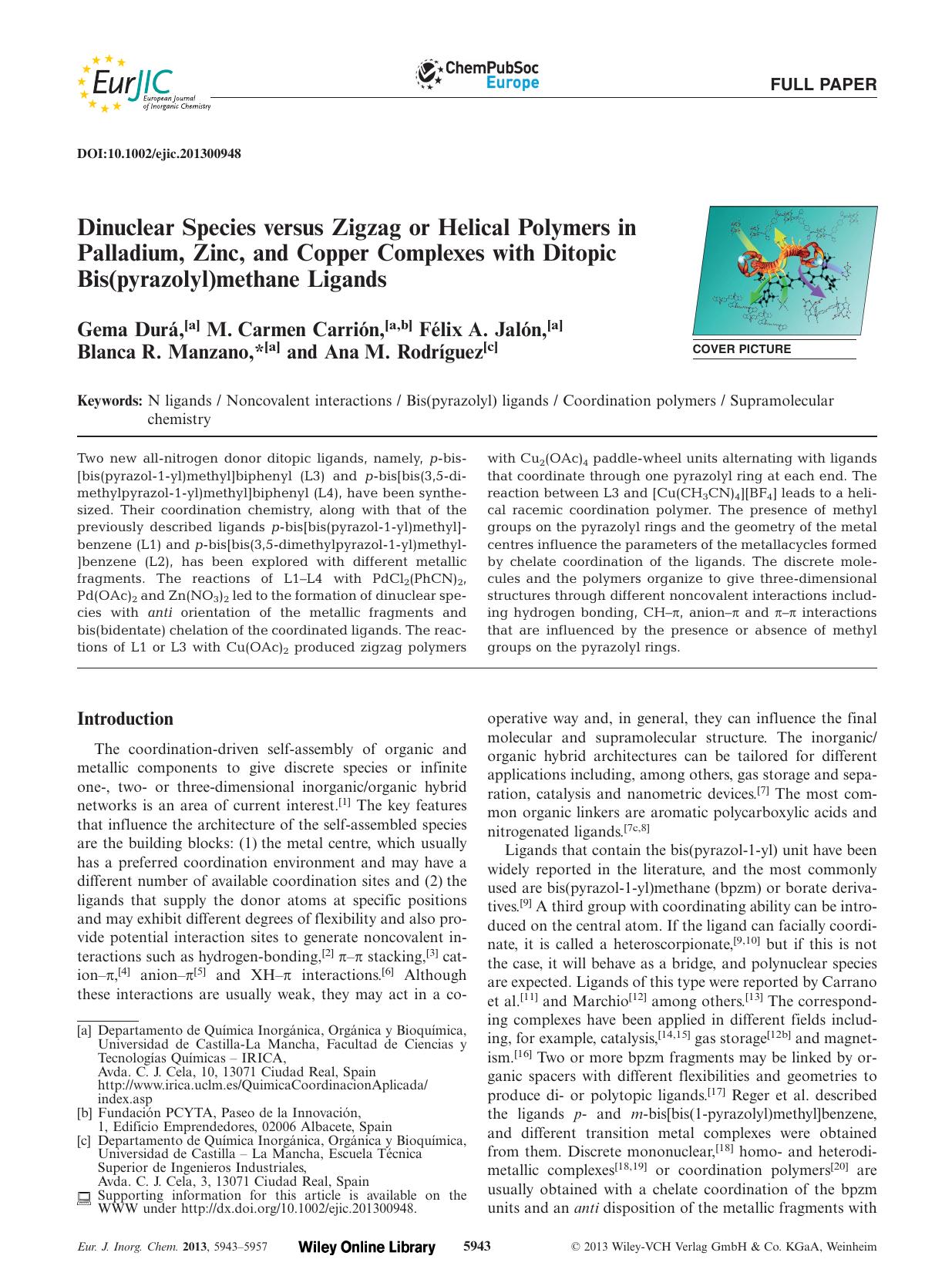 Dinuclear Species versus Zigzag or Helical Polymers in Palladium, Zinc, and Copper Complexes with Ditopic Bis(pyrazolyl)methane Ligands by Unknown