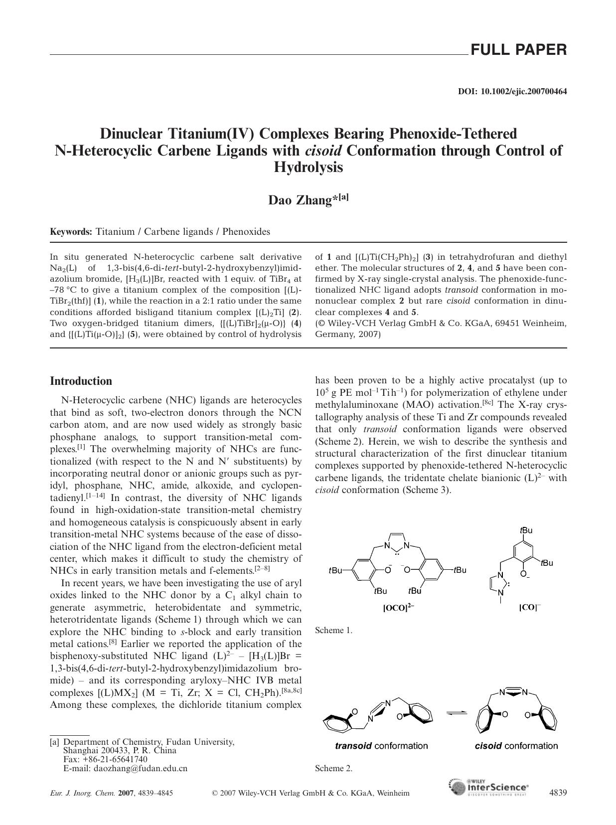Dinuclear Titanium(IV) Complexes Bearing Phenoxide-Tethered N-Heterocyclic Carbene Ligands with cisoid Conformation through Control of Hydrolysis by Unknown