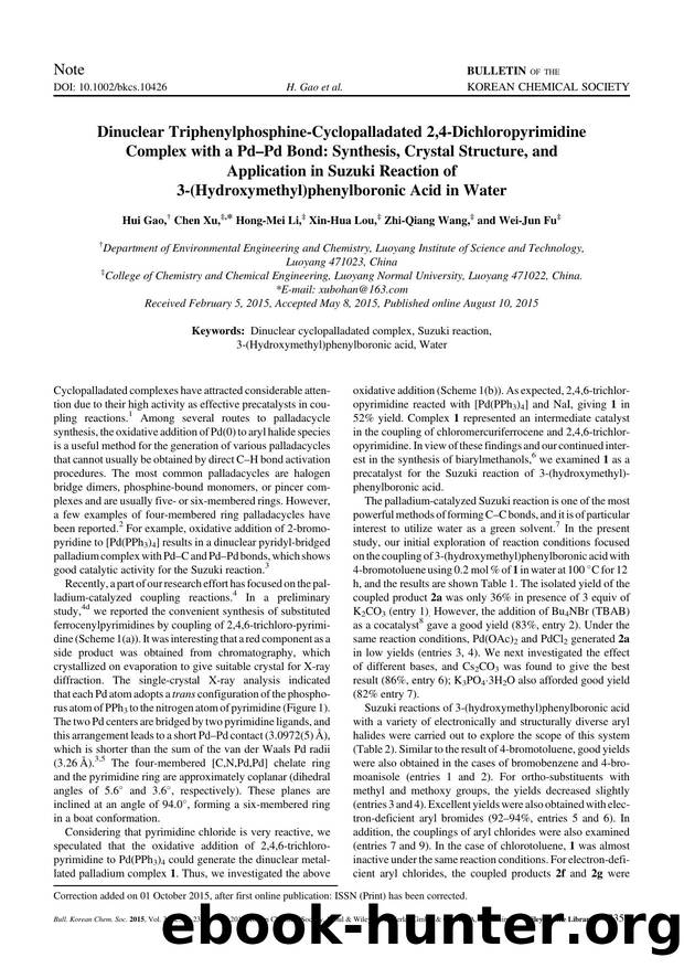 Dinuclear Triphenylphosphine-Cyclopalladated 2,4-Dichloropyrimidine Complex with a Pd-Pd Bond: Synthesis, Crystal Structure, and Application in Suzuki Reaction of 3-(Hydroxymethyl) by Unknown