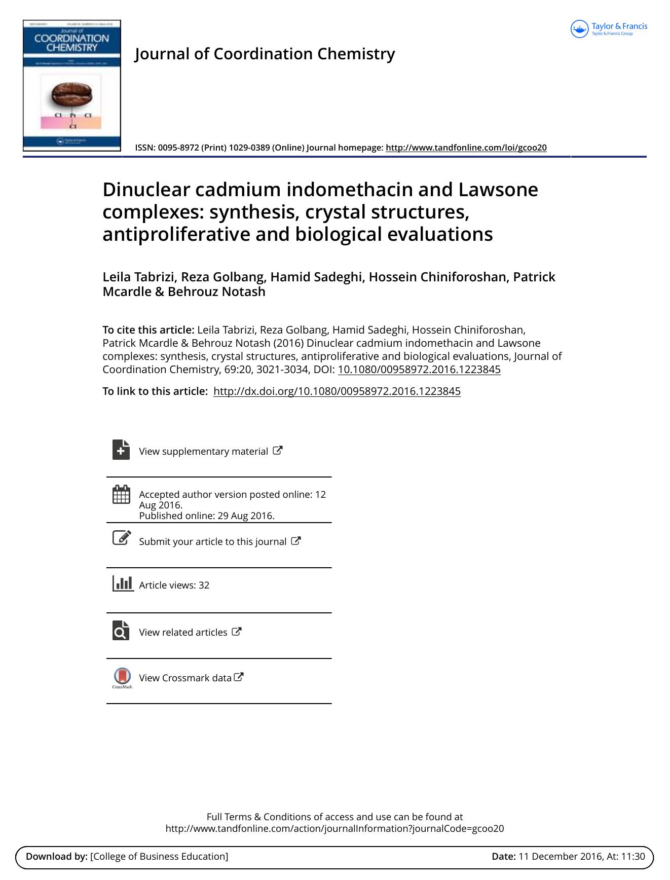 Dinuclear cadmium indomethacin and Lawsone complexes: synthesis, crystal structures, antiproliferative and biological evaluations by unknow