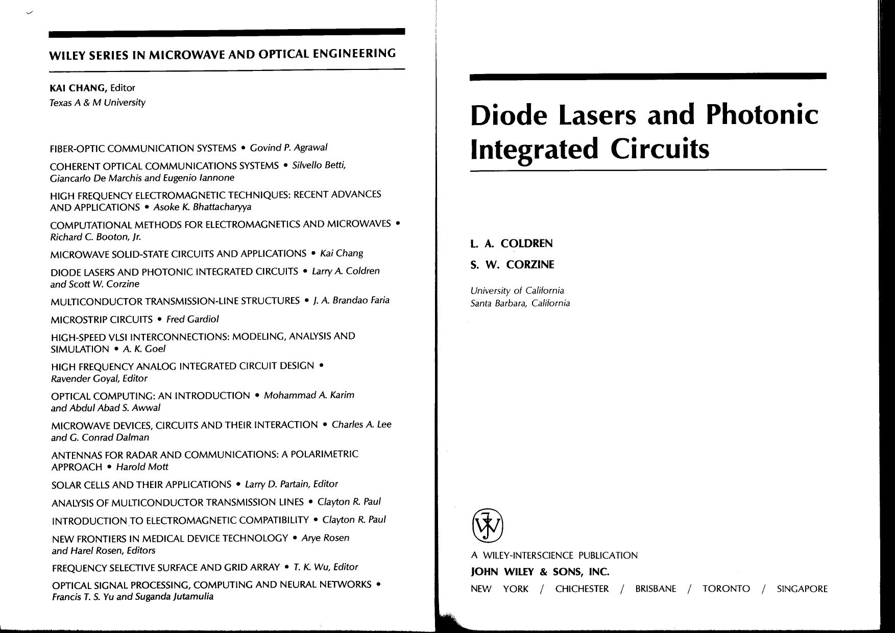 Diode Lasers and Photonic Integrated Circuits by L. A. Coldren S. W. Corzine