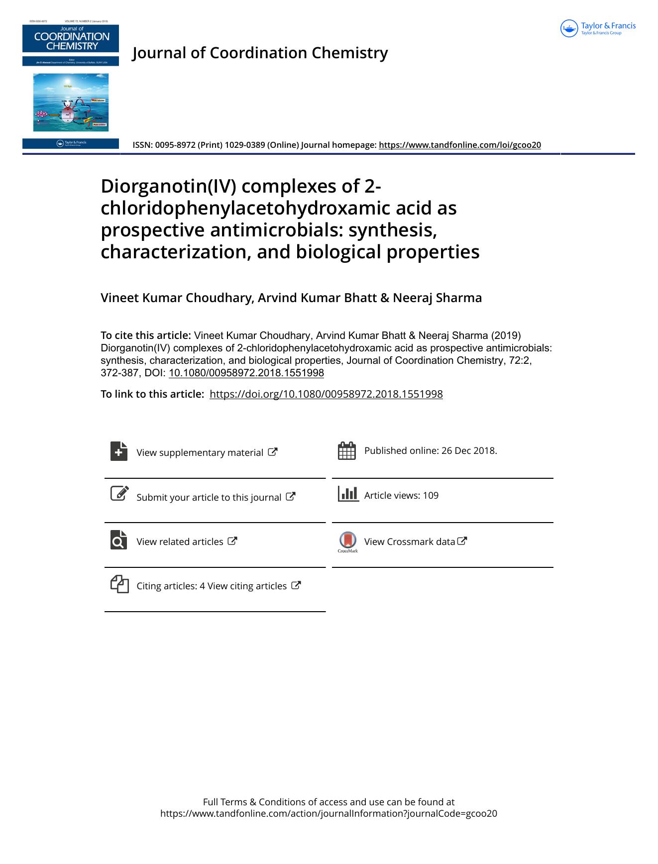 Diorganotin(IV) complexes of 2-chloridophenylacetohydroxamic acid as prospective antimicrobials: synthesis, characterization, and biological properties by Choudhary Vineet Kumar & Bhatt Arvind Kumar & Sharma Neeraj