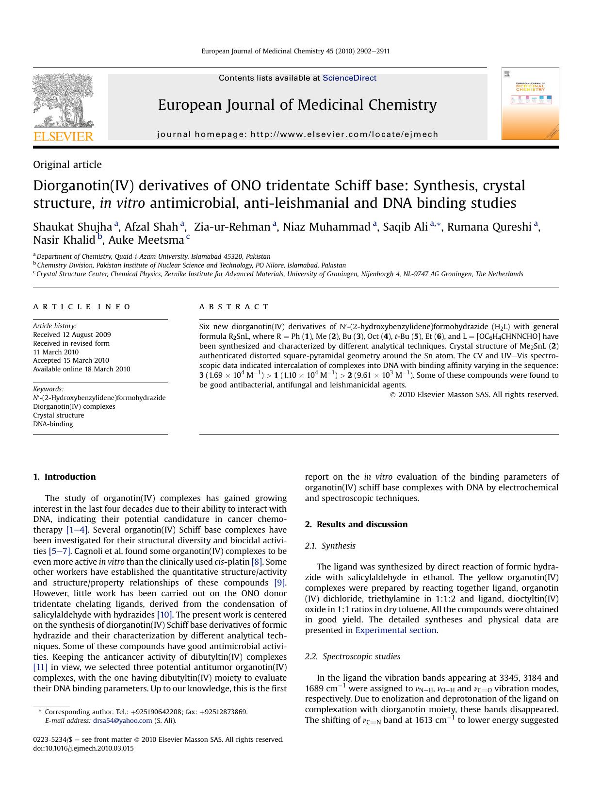 Diorganotin(IV) derivatives of ONO tridentate Schiff base: Synthesis, crystal structure, in vitro antimicrobial, anti-leishmanial and DNA binding studies by unknow