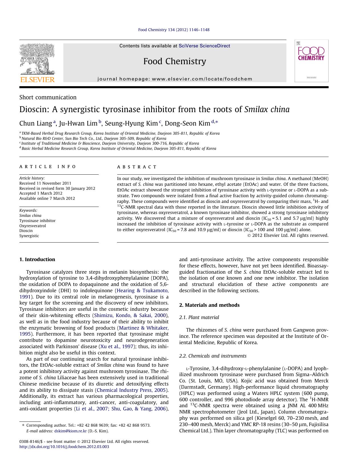 Dioscin: A synergistic tyrosinase inhibitor from the roots of Smilax china by Chun Liang & Ju-Hwan Lim & Seung-Hyung Kim & Dong-Seon Kim