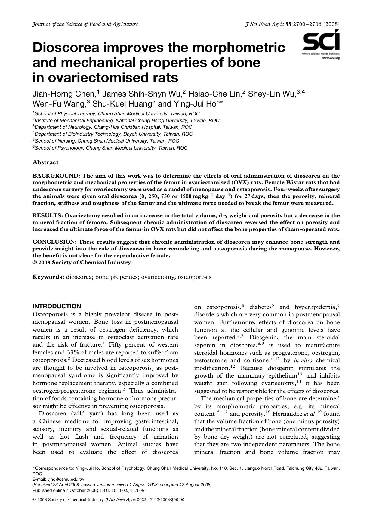 Dioscorea improves the morphometric and mechanical properties of bone in ovariectomised rats by Unknown