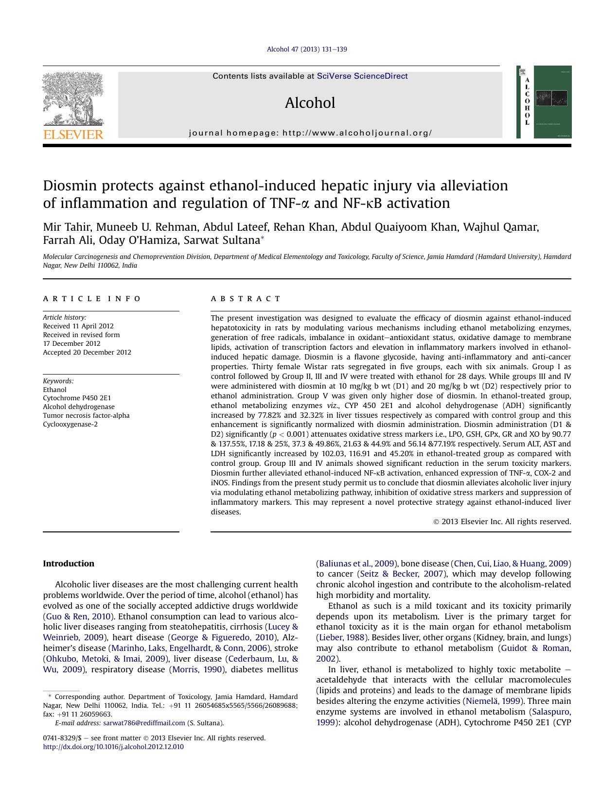 Diosmin protects against ethanol-induced hepatic injury via alleviation of inflammation and regulation of TNF-&alpha; and NF-&kappa;B activation by unknow
