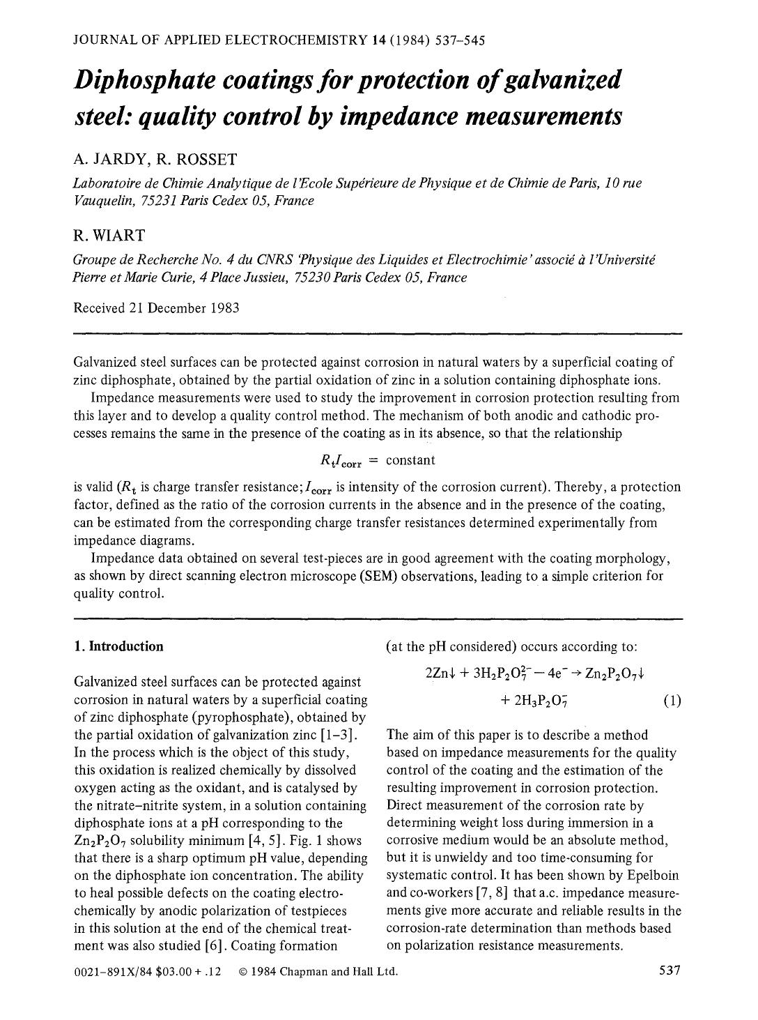 Diphosphate coatings for protection of galvanized steel: quality control by impedance measurements by Unknown
