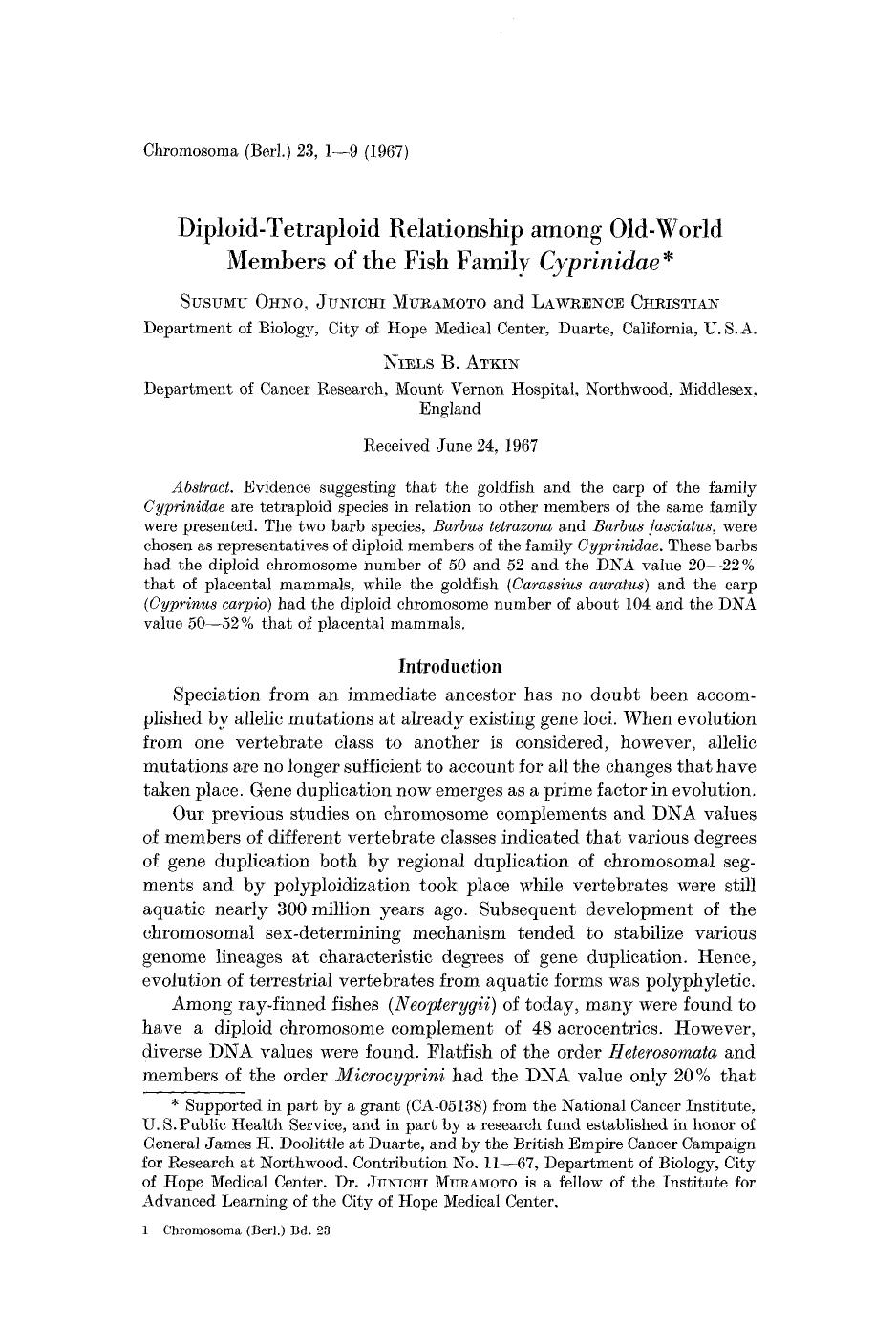 Diploid-tetraploid relationship among old-world members of the fish family <Emphasis Type="Italic">Cyprinidae<Emphasis> by Unknown