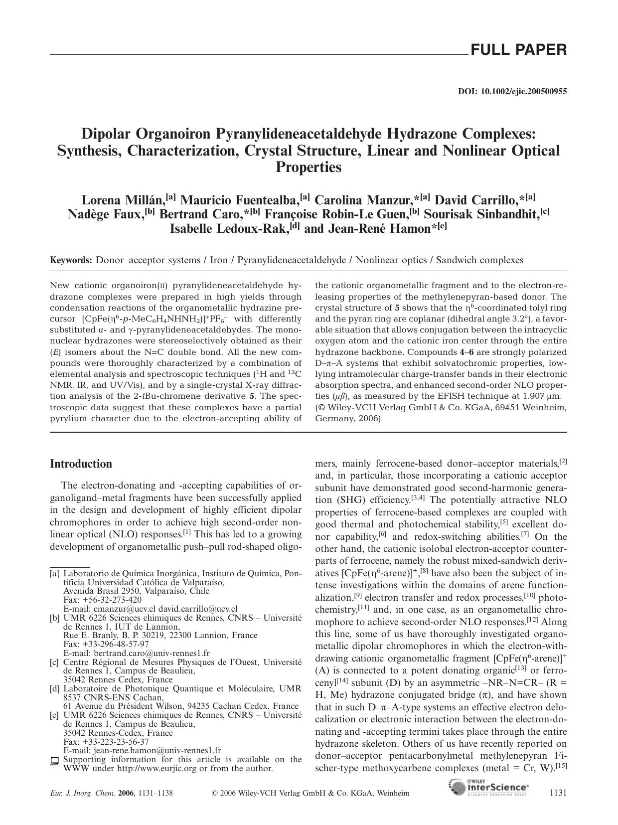 Dipolar Organoiron Pyranylideneacetaldehyde Hydrazone Complexes: Synthesis, Characterization, Crystal Structure, Linear and Nonlinear Optical Properties by Unknown