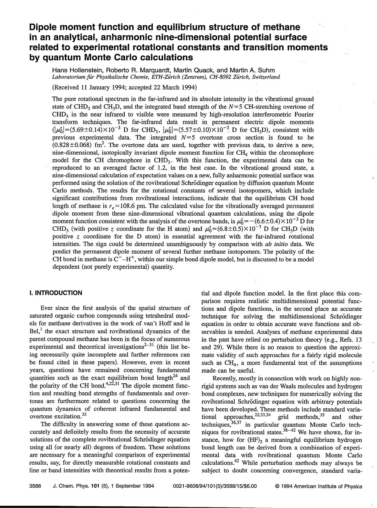 Dipole moment function and equilibrium structure of methane in an analytical, anharmonic nine-dimensional potential surface related to experimental rotational constants and transit by Hans Hollenstein; Roberto R. Marquardt; Martin Quack; Martin A. Suhm