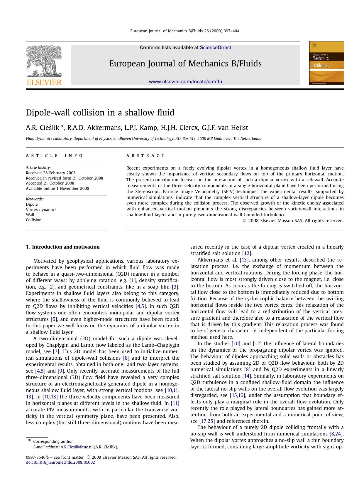 Dipole-wall collision in a shallow fluid by A.R. Cieślik; R.A.D. Akkermans; L.P.J. Kamp; H.J.H. Clercx; G.J.F. van Heijst