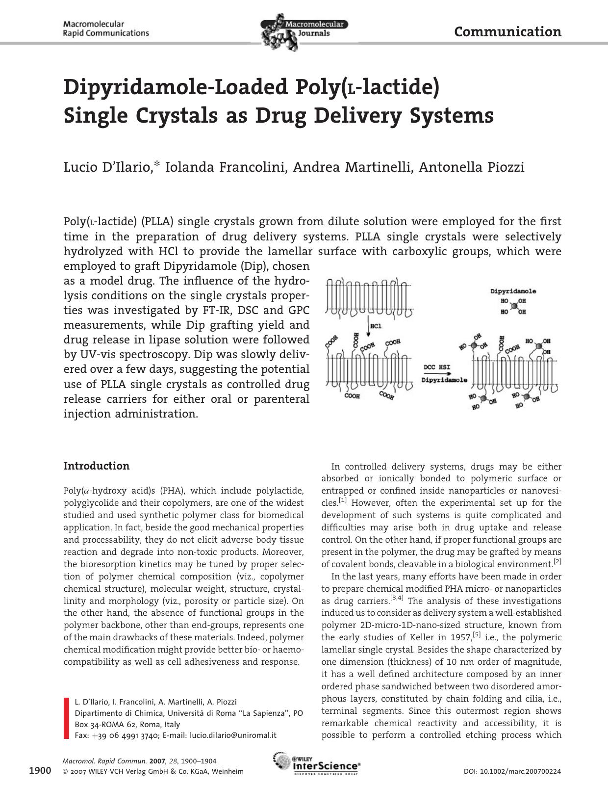 Dipyridamole-Loaded Poly(L-lactide) Single Crystals as Drug Delivery Systems by Unknown