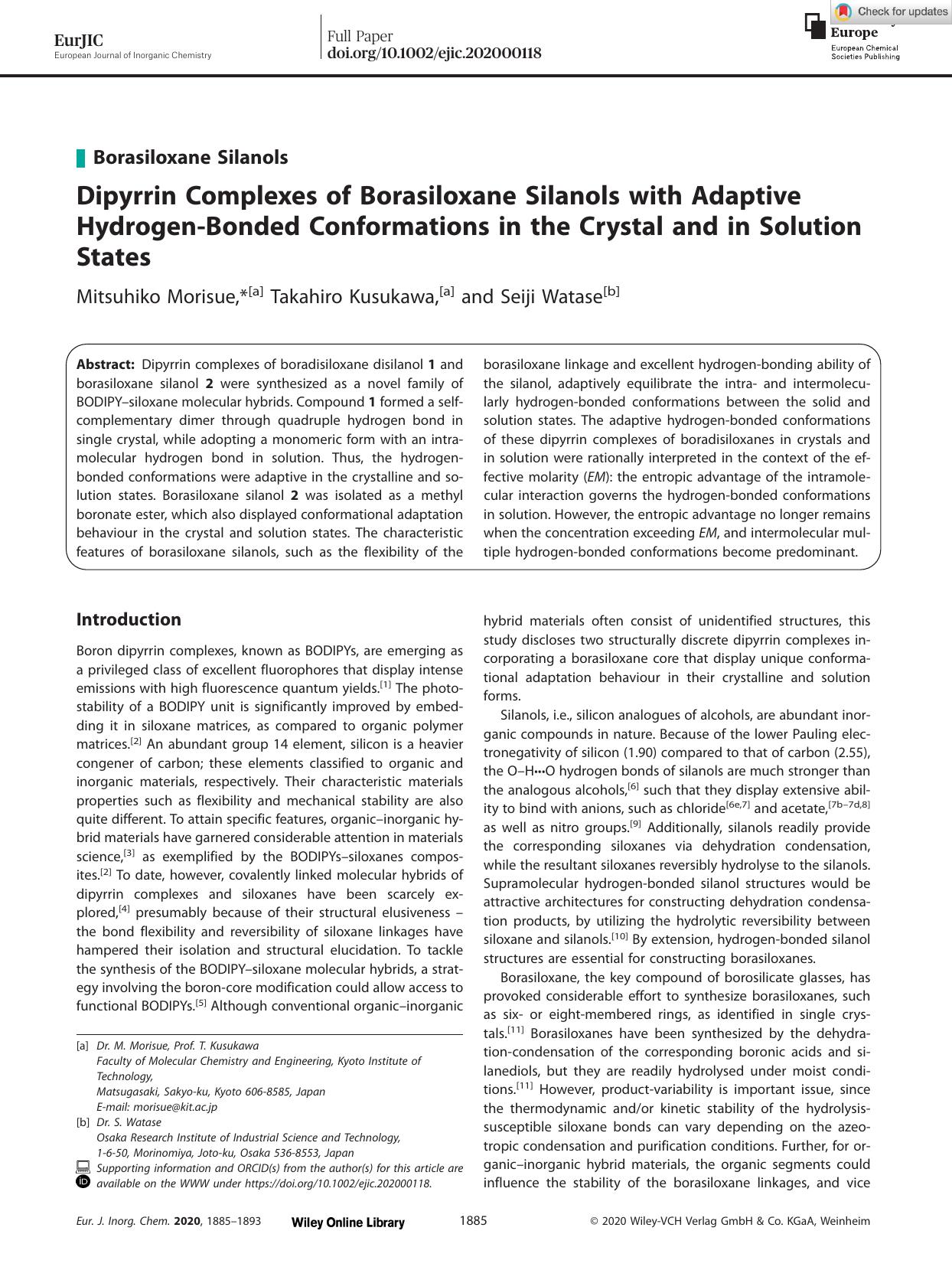 Dipyrrin Complexes of Borasiloxane Silanols with Adaptive HydrogenâBonded Conformations in the Crystal and in Solution States by Unknown