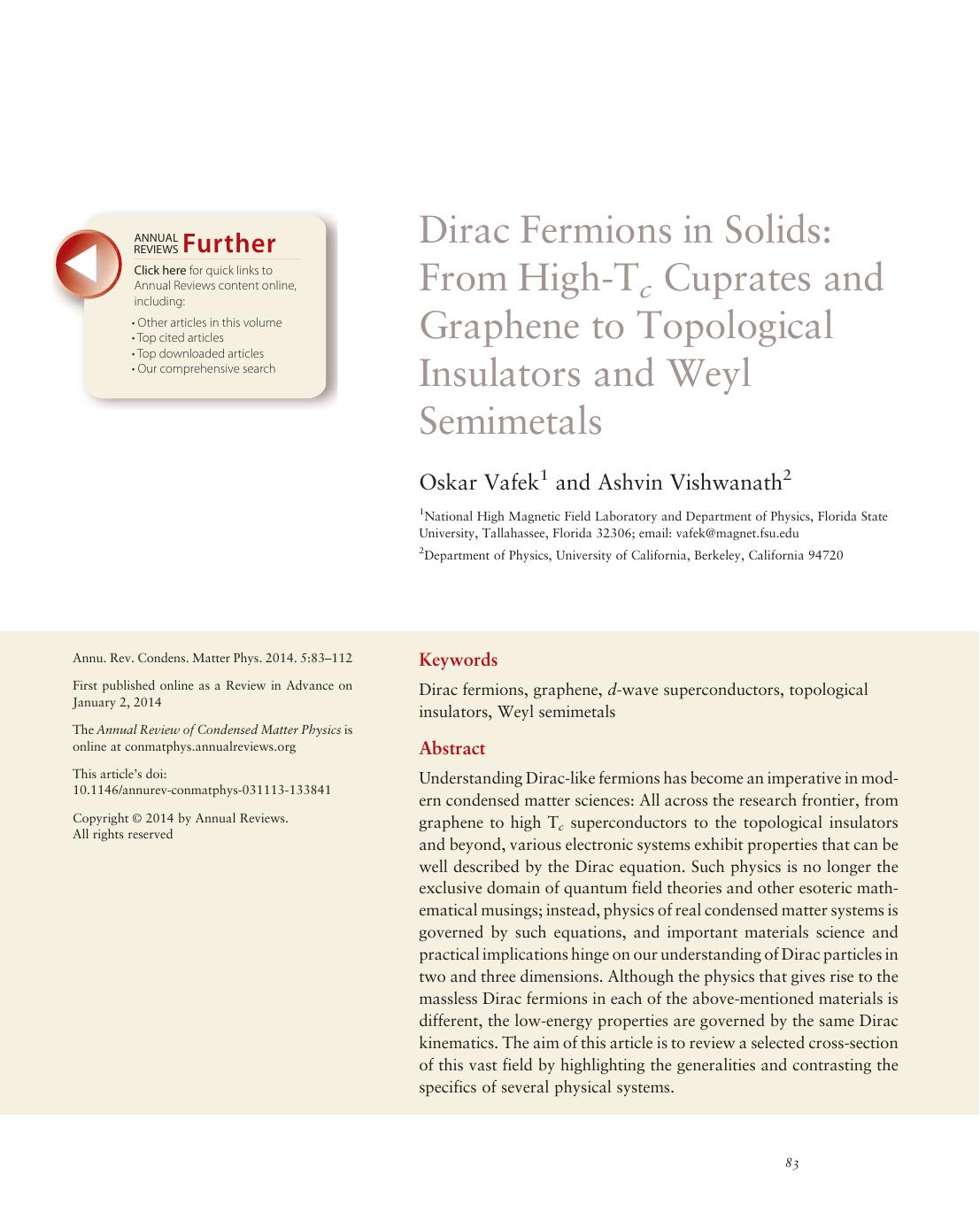 Dirac Fermions in Solids: From High-Tc Cuprates and Graphene to Topological Insulators and Weyl Semimetals by Oskar Vafek and Ashvin Vishwanath