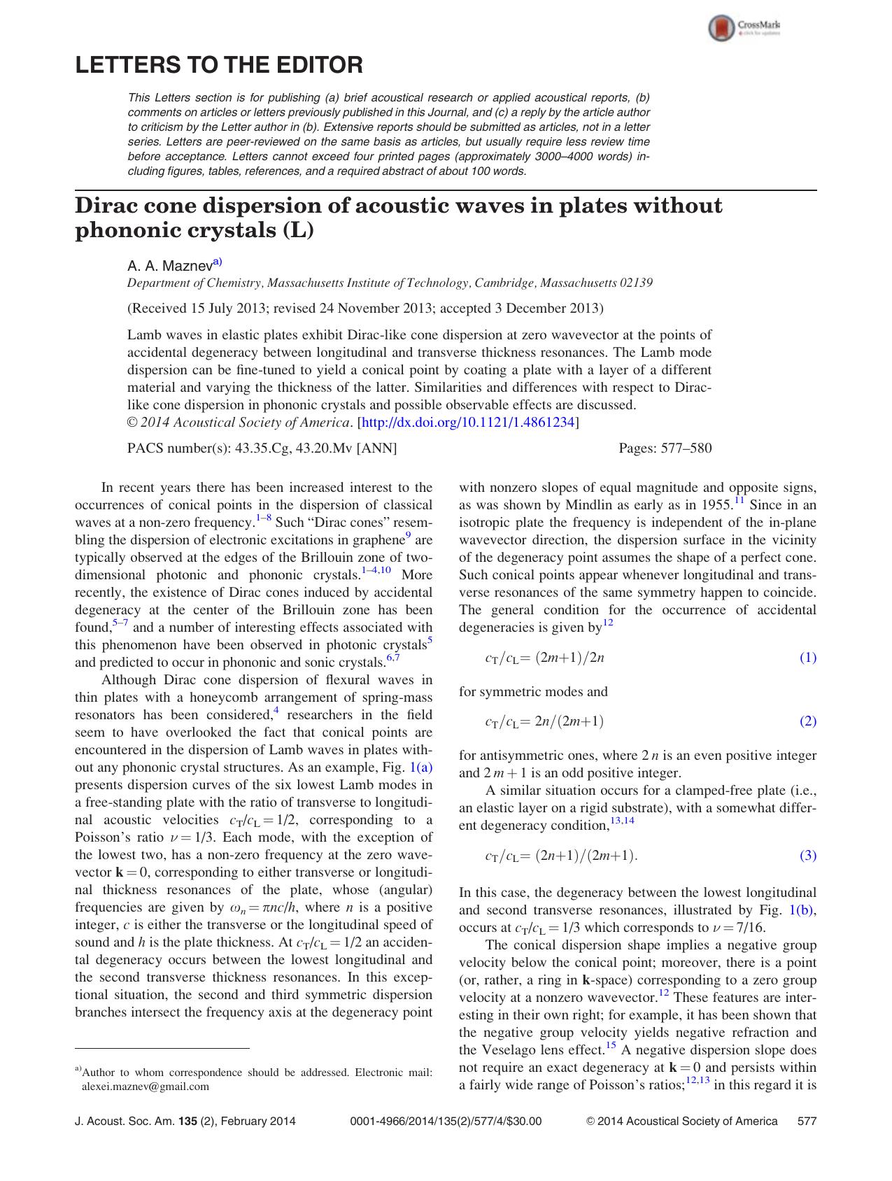 Dirac cone dispersion of acoustic waves in plates without phononic crystals (L) by A. A. Mazneva)