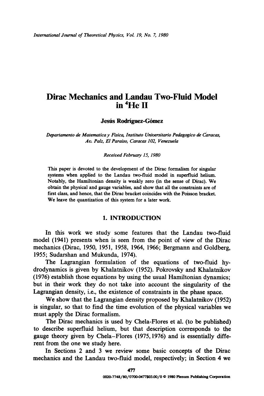 Dirac mechanics and Landau two-fluid model in <Superscript>4 <Superscript>HE II by Unknown