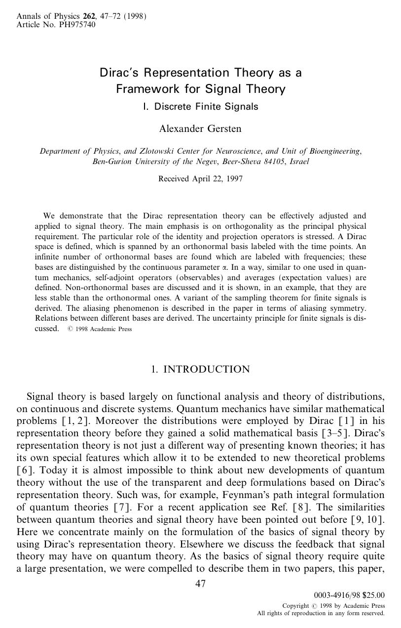 Dirac's Representation Theory as a Framework for Signal Theory: I. Discrete Finite Signals by Gersten A
