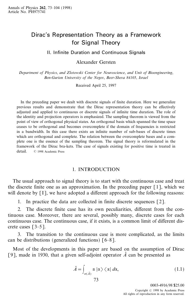Dirac's Representation Theory as a Framework for Signal Theory: II Infinite Duration and Continuous Signals by Gersten A