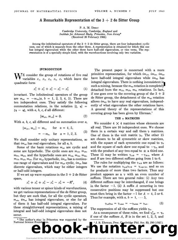 Dirac, Paul A.M. by A Remarkable Representation of the 3 + 2 de Sitter Group (1963)