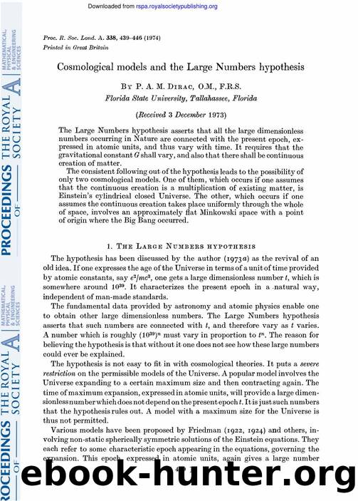 Dirac, Paul A.M. by Cosmological Models & the Large Numbers Hypothesis (1974)