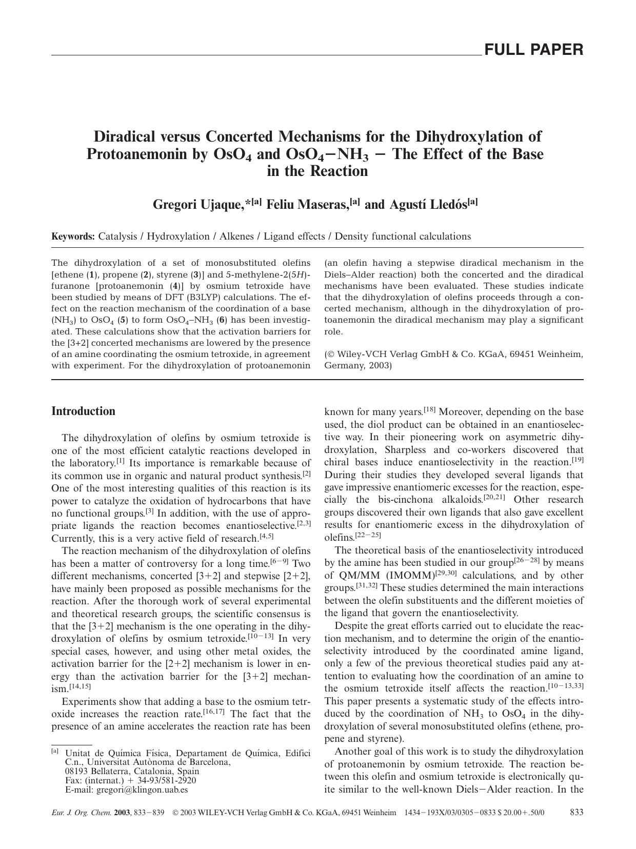 Diradical versus Concerted Mechanisms for the Dihydroxylation of Protoanemonin by OsO4 and OsO4-NH3 - The Effect of the Base in the Reaction by Unknown