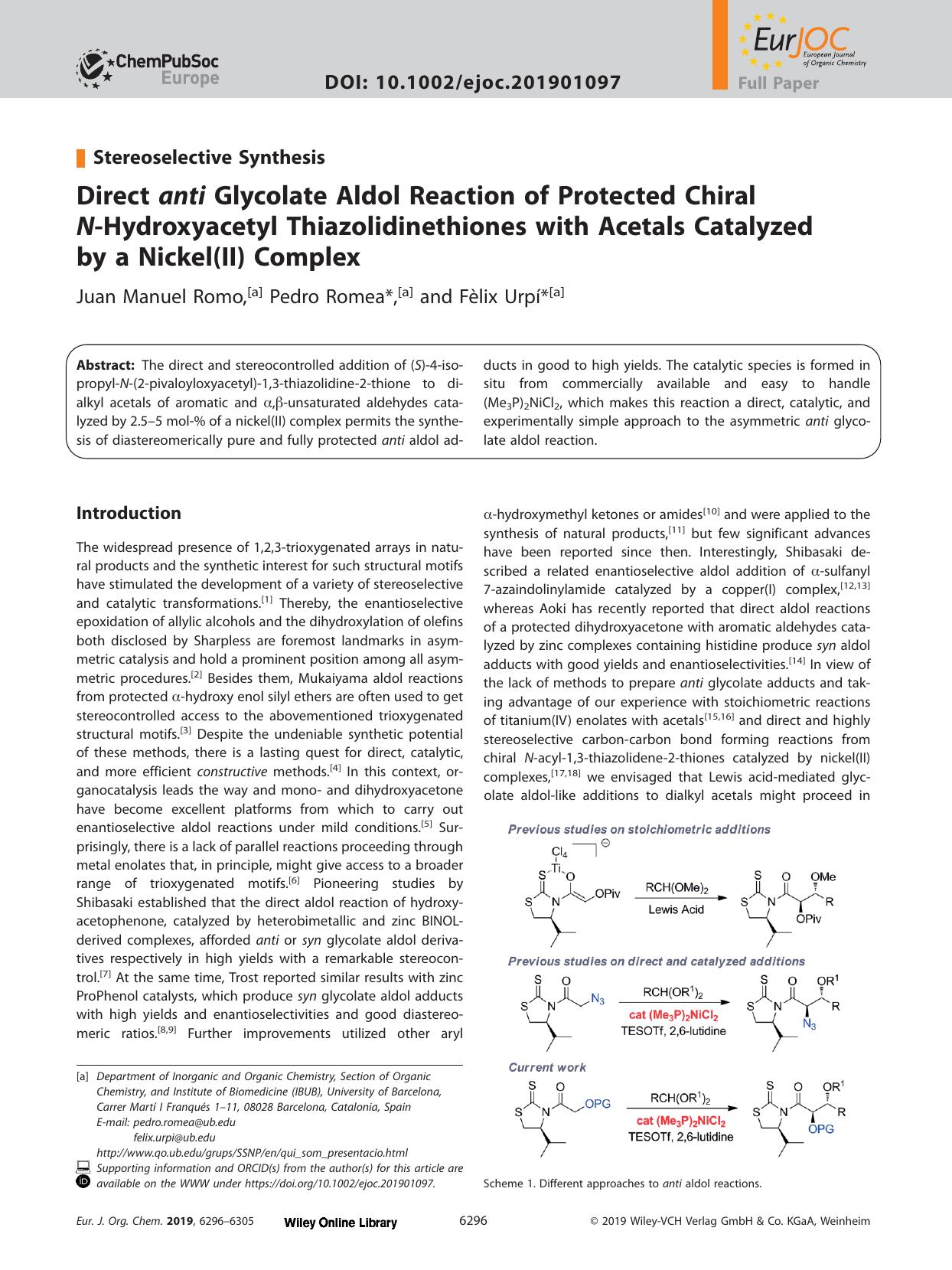 Direct <i>anti<i> Glycolate Aldol Reaction of Protected Chiral <i>N<i>&#x02010;Hydroxyacetyl Thiazolidinethiones with Acetals Catalyzed by a Nickel(II) Complex by Unknown