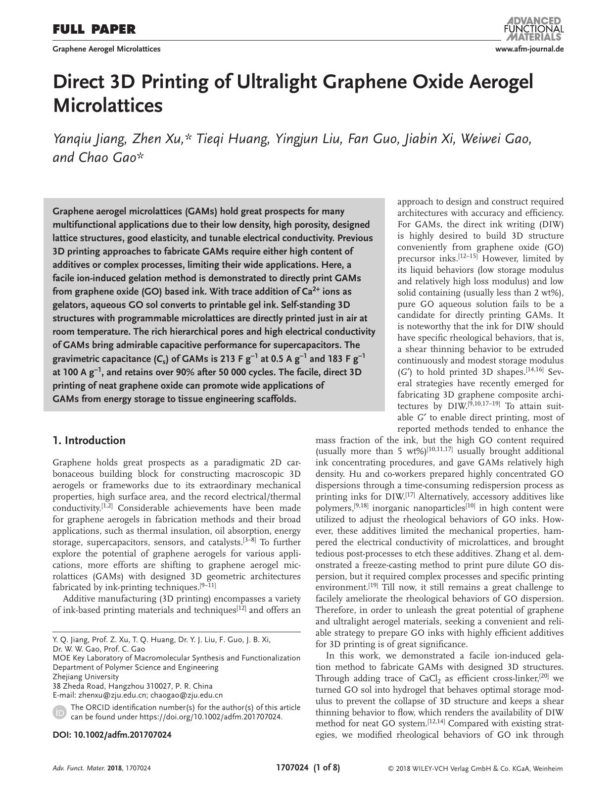 Direct 3D Printing of Ultralight Graphene Oxide Aerogel Microlattices by Unknown