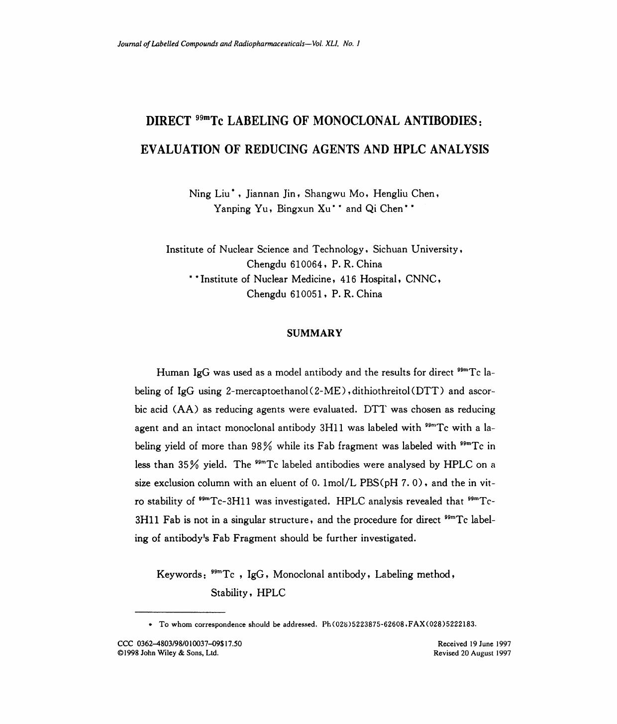 Direct 99mTc labeling of monoclonal antibodies: evaluation of reducing agents and HPLC analysis by Unknown