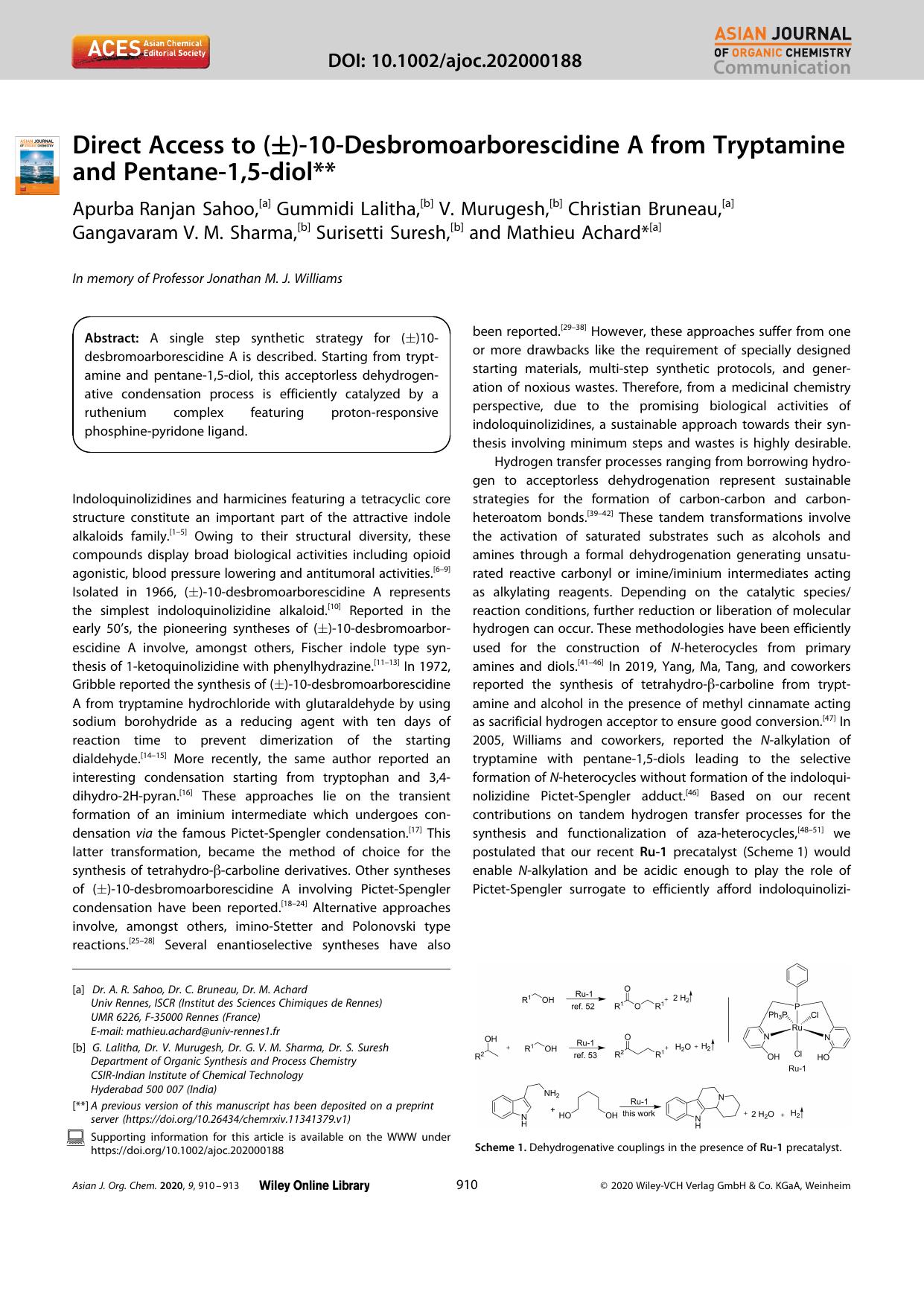 Direct Access to (Â±)â10âDesbromoarborescidine A from Tryptamine and Pentaneâ1,5âdiol by Unknown