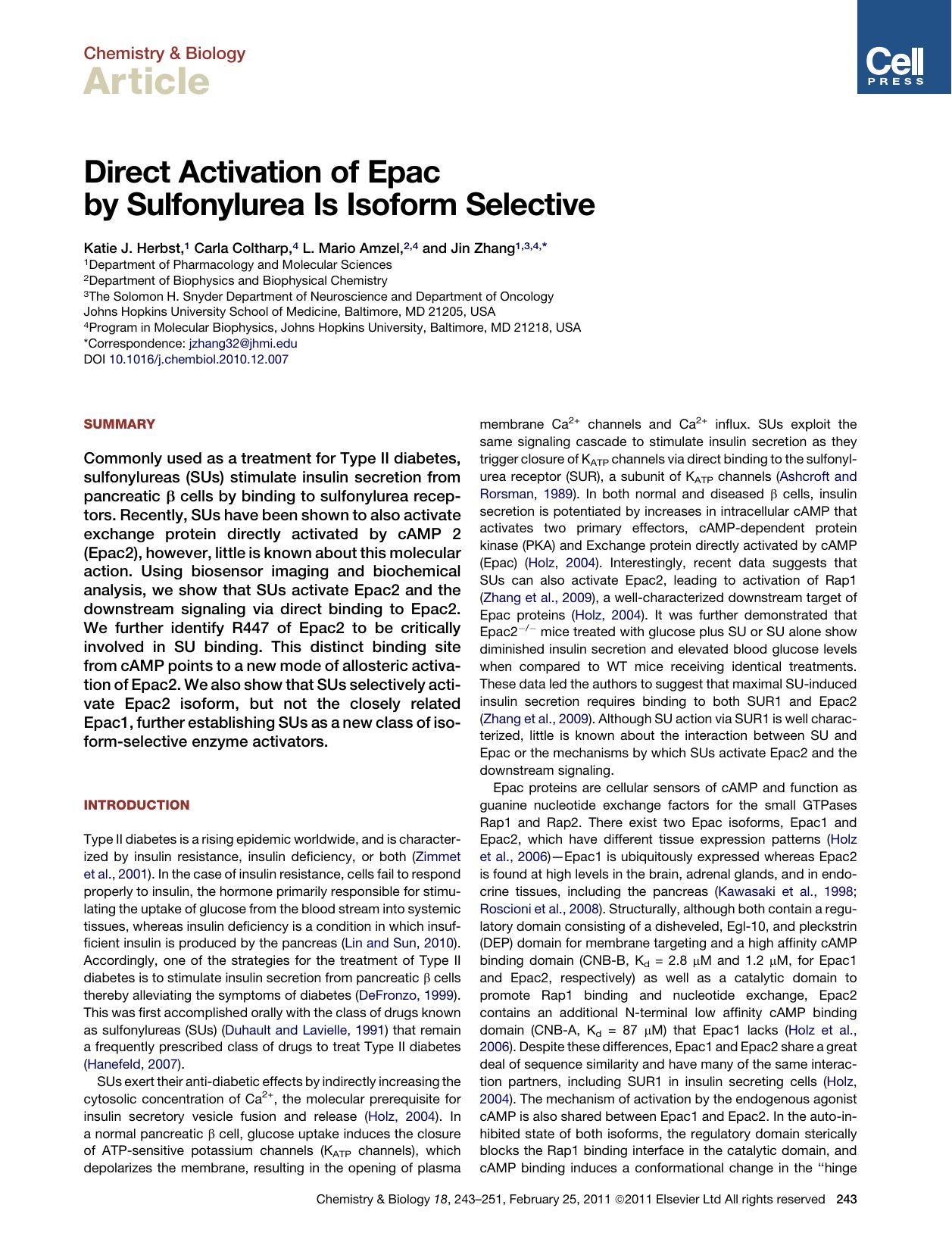 Direct Activation of Epac by Sulfonylurea Is Isoform Selective by Katie J. Herbst & Carla Coltharp & L. Mario Amzel & Jin Zhang