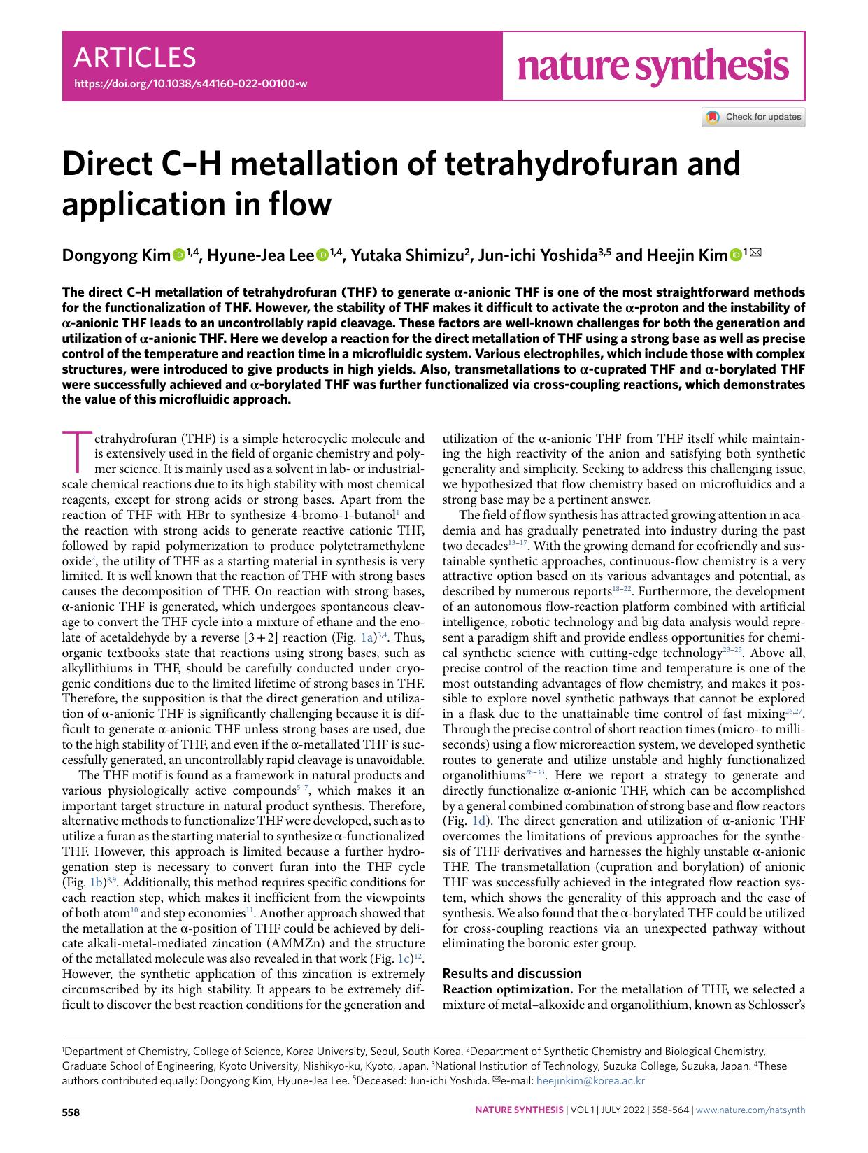 Direct CâH metallation of tetrahydrofuran and application in flow by Dongyong Kim & Hyune-Jea Lee & Yutaka Shimizu & Jun-ichi Yoshida & Heejin Kim