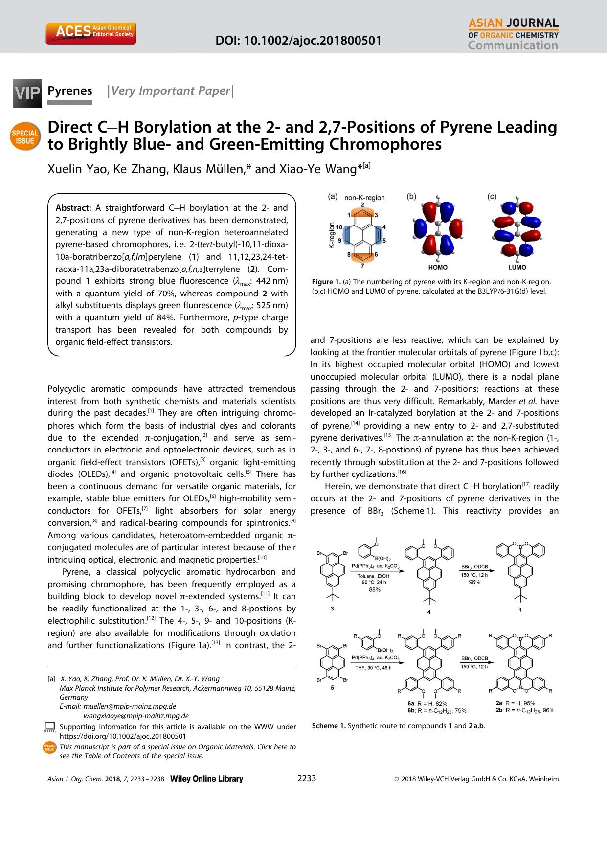 Direct CâH Borylation at the 2â and 2,7âPositions of Pyrene Leading to Brightly Blueâ and GreenâEmitting Chromophores by Unknown