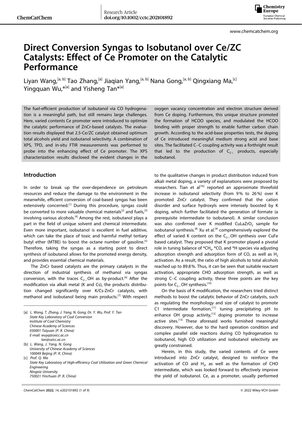 Direct Conversion Syngas to Isobutanol over CeZC Catalysts: Effect of Ce Promoter on the Catalytic Performance by Unknown