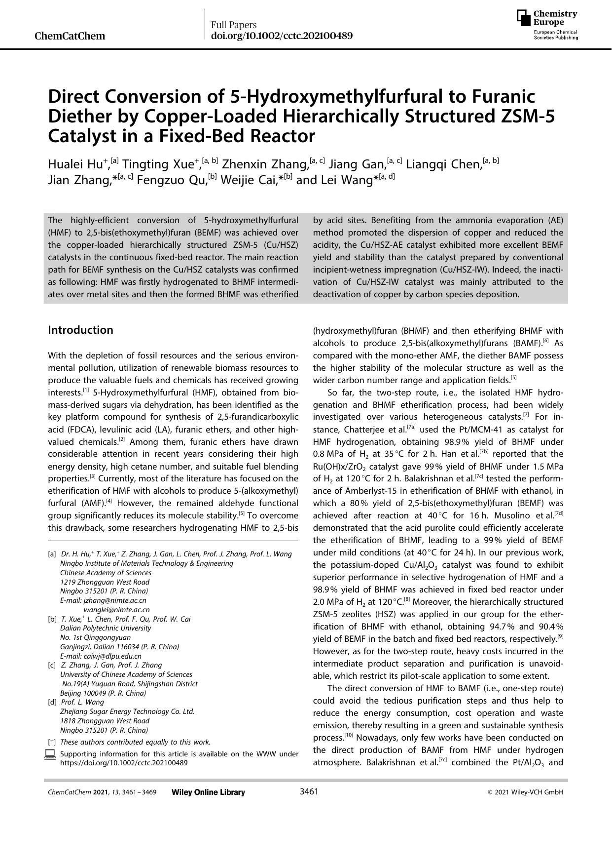 Direct Conversion of 5âHydroxymethylfurfural to Furanic Diether by CopperâLoaded Hierarchically Structured ZSMâ5 Catalyst in a FixedâBed Reactor by Unknown