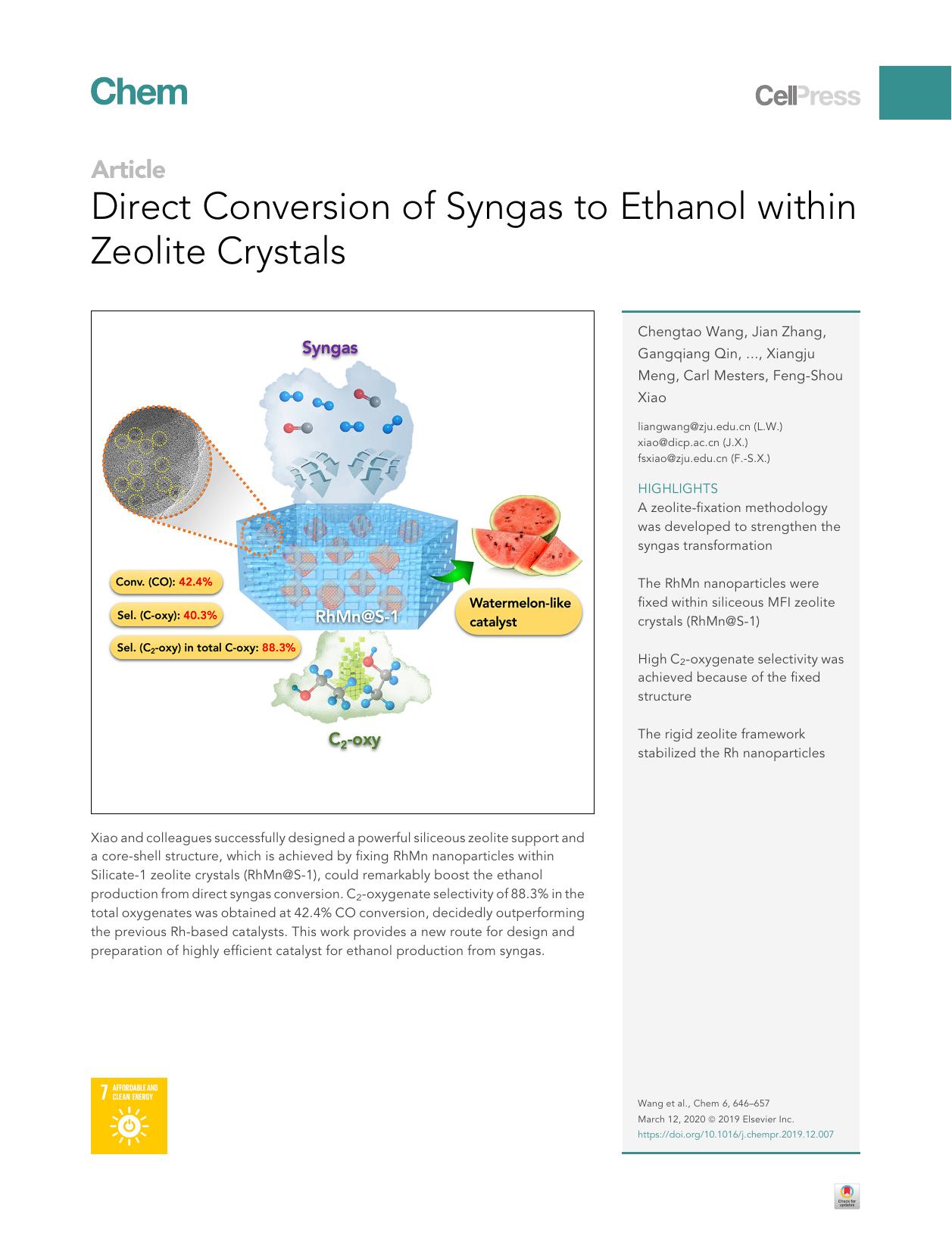 Direct Conversion of Syngas to Ethanol within Zeolite Crystals by Chengtao Wang