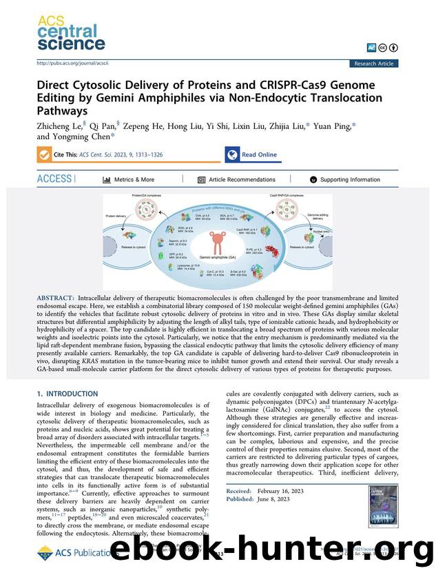 Direct Cytosolic Delivery of Proteins and CRISPR-Cas9 Genome Editing by Gemini Amphiphiles via Non-Endocytic Translocation Pathways by unknow