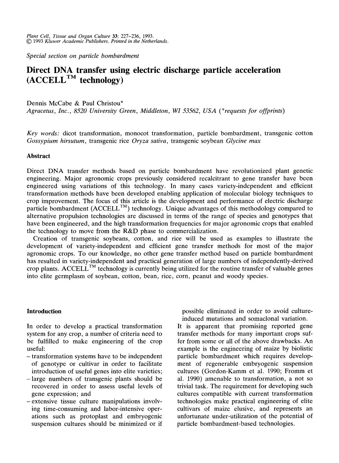 Direct DNA transfer using electric discharge particle acceleration (ACCELL&#x2122; technology) by Unknown