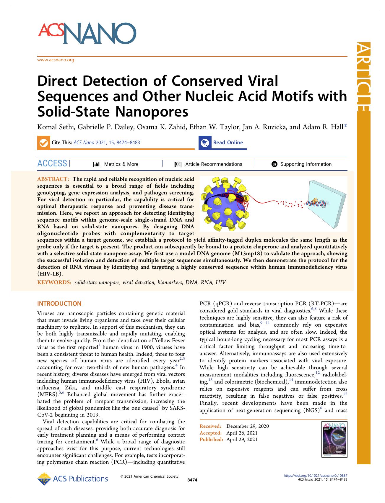 Direct Detection of Conserved Viral Sequences and Other Nucleic Acid Motifs with Solid-State Nanopores by Komal Sethi Gabrielle P. Dailey Osama K. Zahid Ethan W. Taylor Jan A. Ruzicka and Adam R. Hall