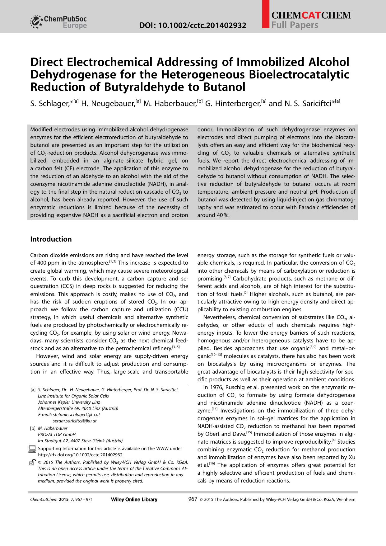 Direct Electrochemical Addressing of Immobilized Alcohol Dehydrogenase for the Heterogeneous Bioelectrocatalytic Reduction of Butyraldehyde to Butanol by Unknown