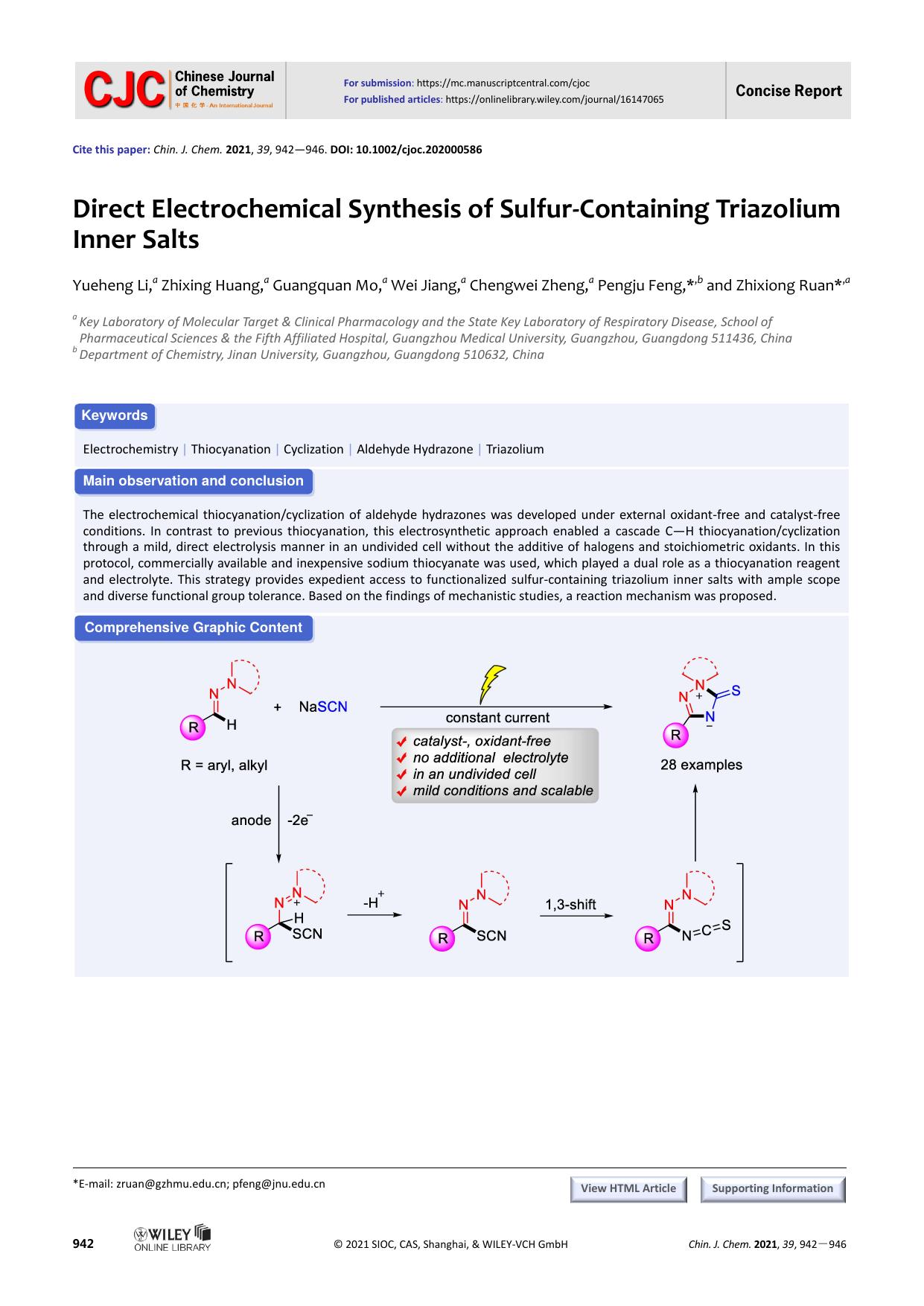 Direct Electrochemical Synthesis of Sulfur-Containing Triazolium Inner Salts by dwf