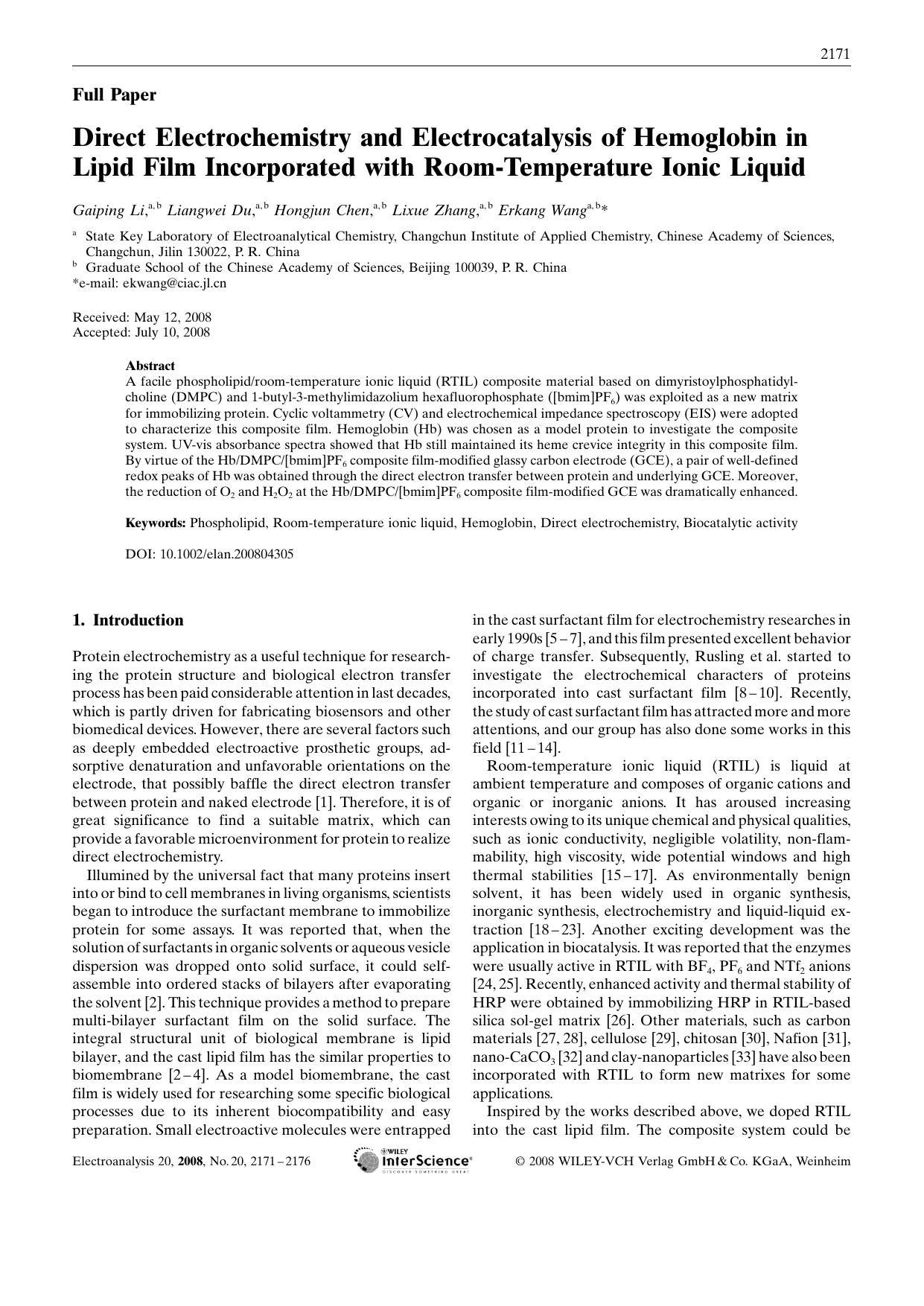 Direct Electrochemistry and Electrocatalysis of Hemoglobin in Lipid Film Incorporated with Room-Temperature Ionic Liquid by Unknown