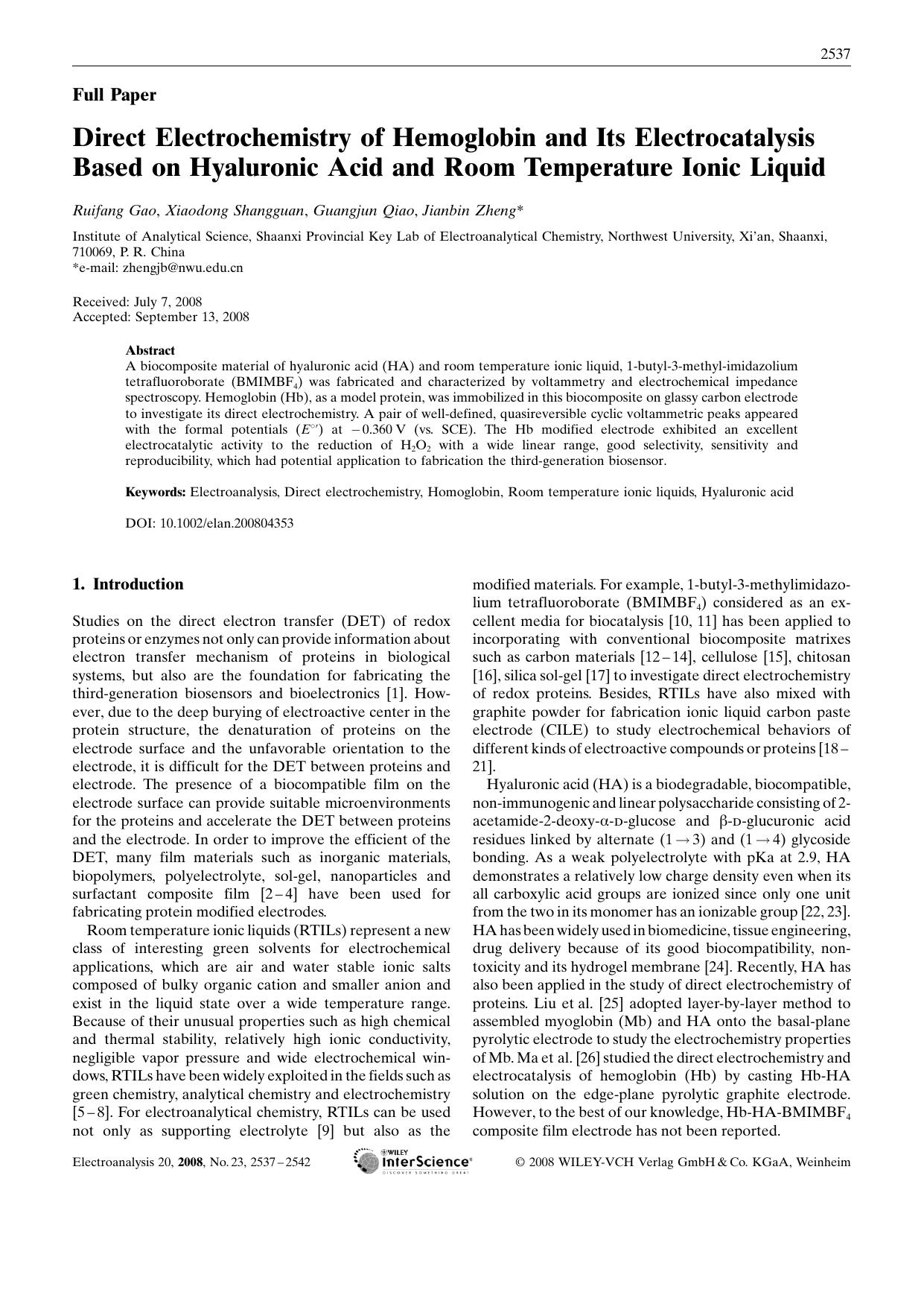 Direct Electrochemistry of Hemoglobin and Its Electrocatalysis Based on Hyaluronic Acid and Room Temperature Ionic Liquid by Unknown