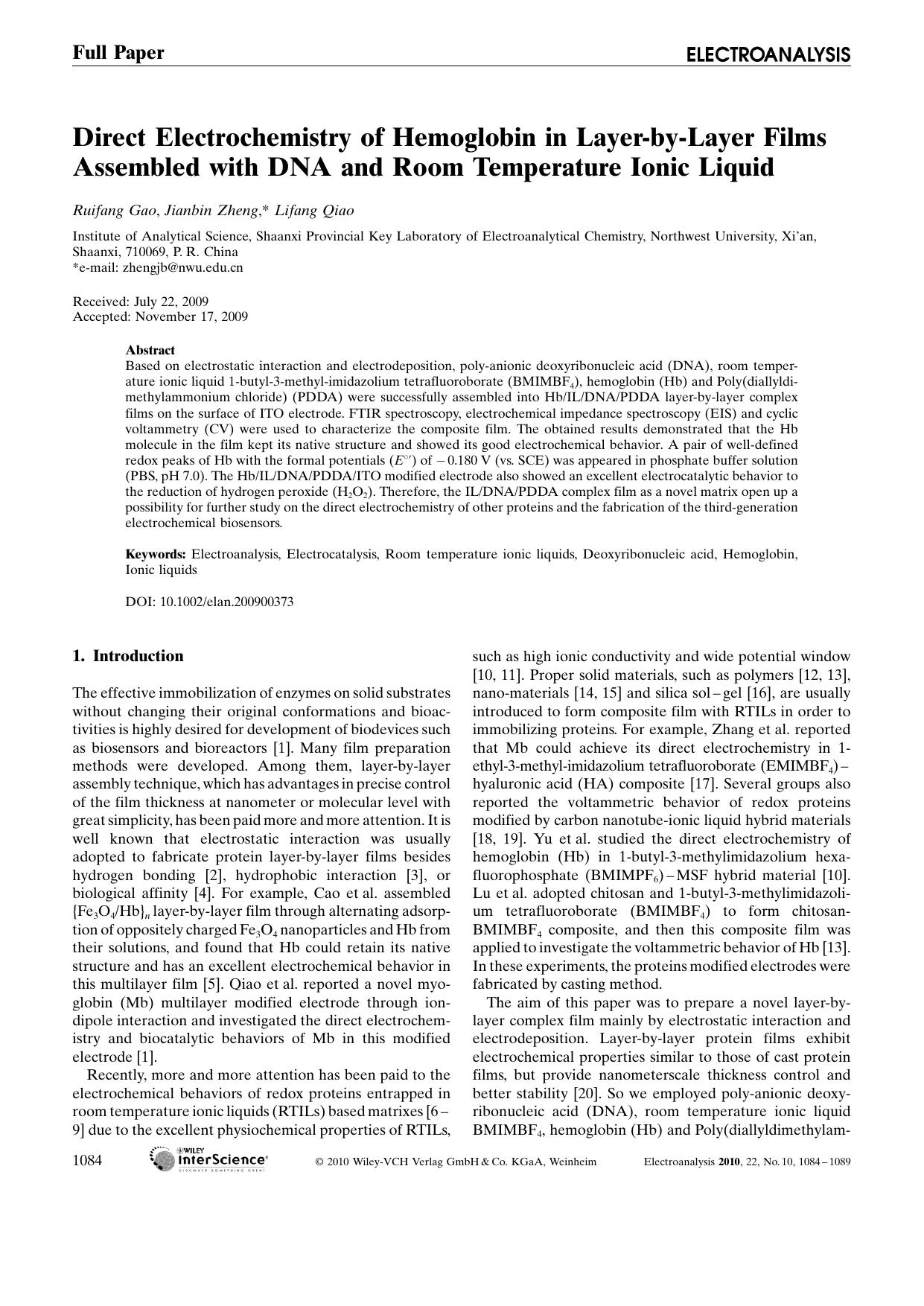 Direct Electrochemistry of Hemoglobin in Layer?by?Layer Films Assembled with DNA and Room Temperature Ionic Liquid by Unknown