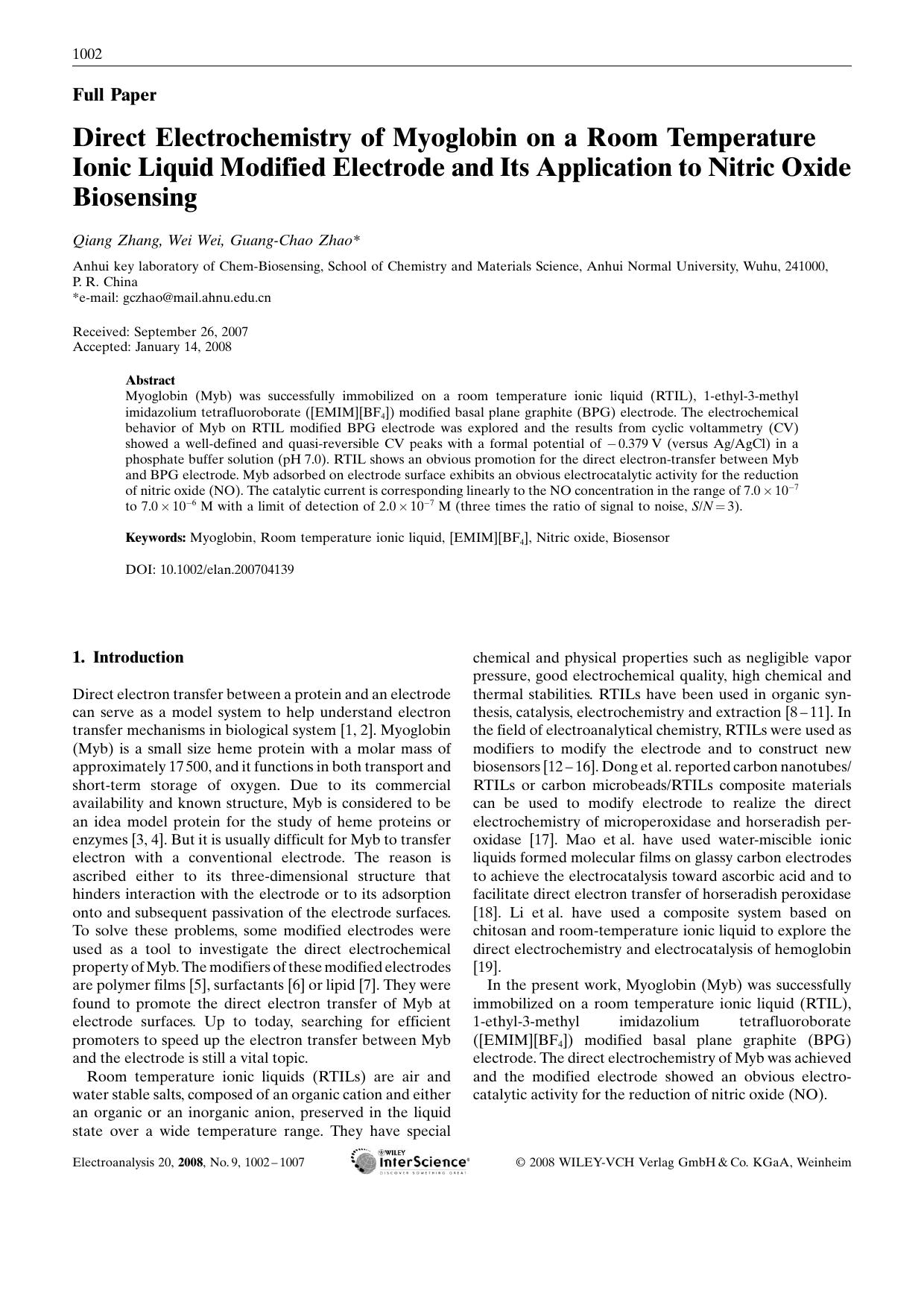 Direct Electrochemistry of Myoglobin on a Room Temperature Ionic Liquid Modified Electrode and Its Application to Nitric Oxide Biosensing by Unknown