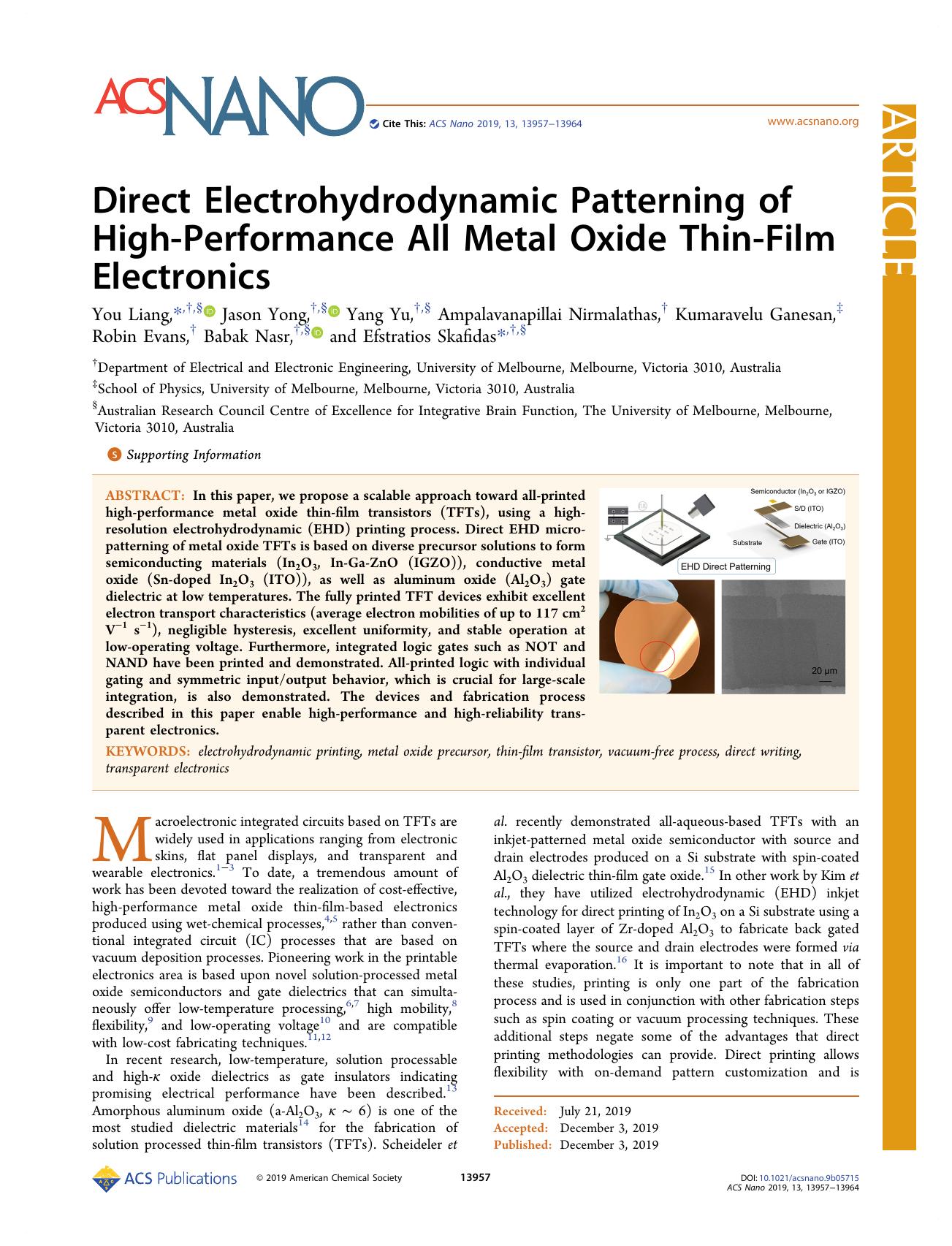 Direct Electrohydrodynamic Patterning of High-Performance All Metal Oxide Thin-Film Electronics by unknow