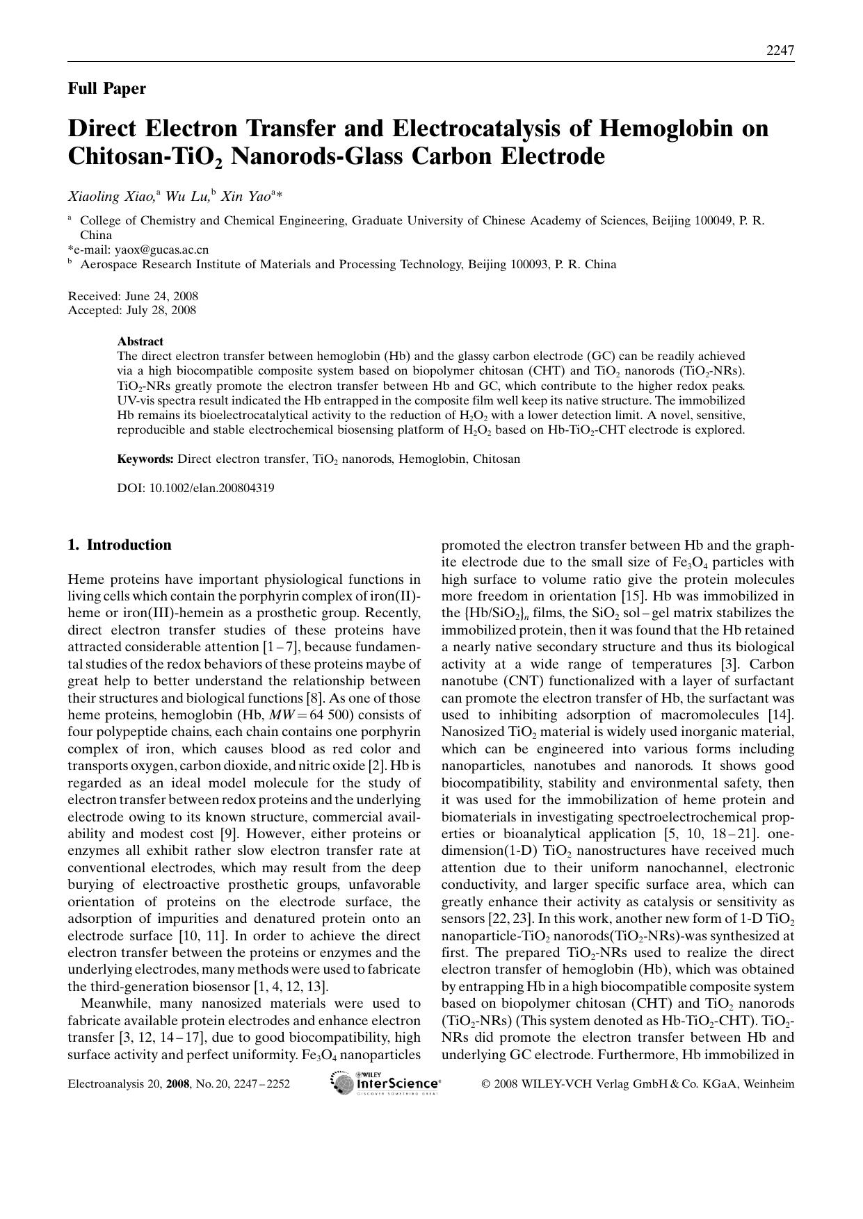 Direct Electron Transfer and Electrocatalysis of Hemoglobin on Chitosan-TiO2 Nanorods-Glass Carbon Electrode by Unknown