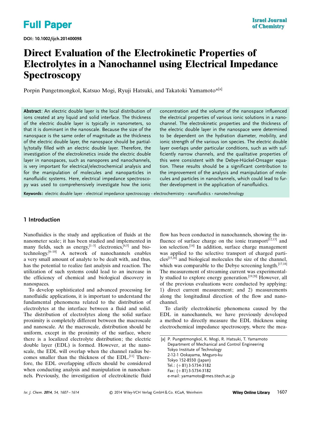 Direct Evaluation of the Electrokinetic Properties of Electrolytes in a Nanochannel using Electrical Impedance Spectroscopy by Unknown
