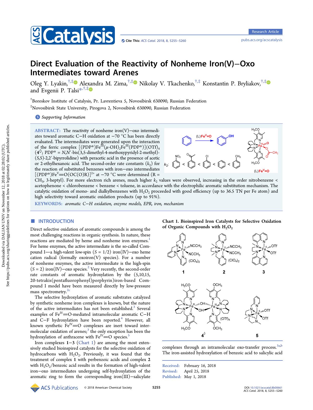 Direct Evaluation of the Reactivity of Nonheme Iron(V)âOxo Intermediates toward Arenes by unknow