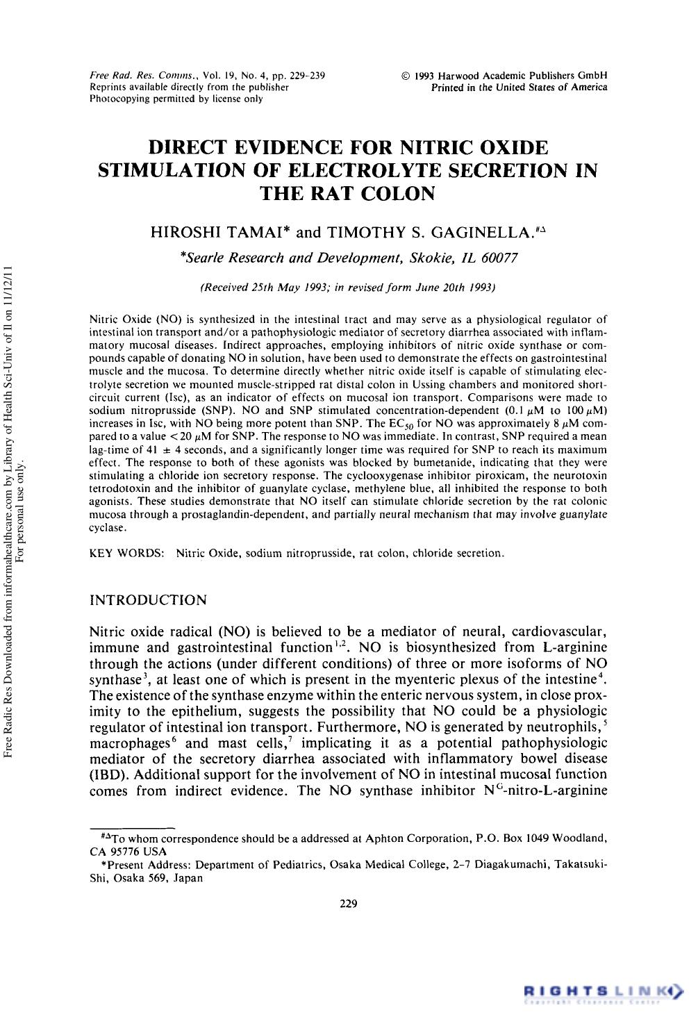Direct Evidence for Nitric Oxide Stimulation of Electrolyte Secretion in the Rat Colon by Hiroshi Tamai1† & Timothy S. Gaginella1†