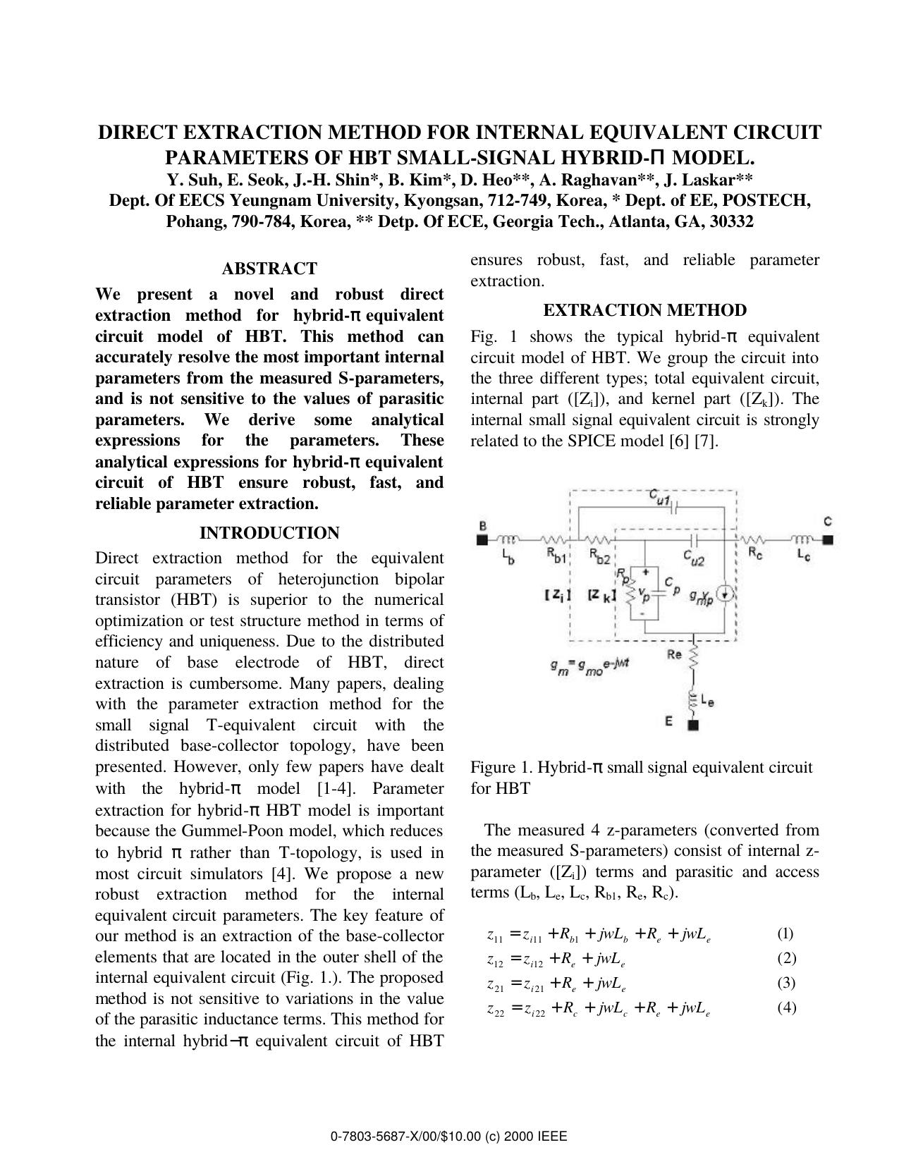 Direct Extraction Method for Internal Equivalent Circuit Parameters of HBT Small-Signal Hybrid-pi Model by Y. Suh E. Seok J.-H. Shin B. Kim D. Heo A. Raghavan & J. Laskar